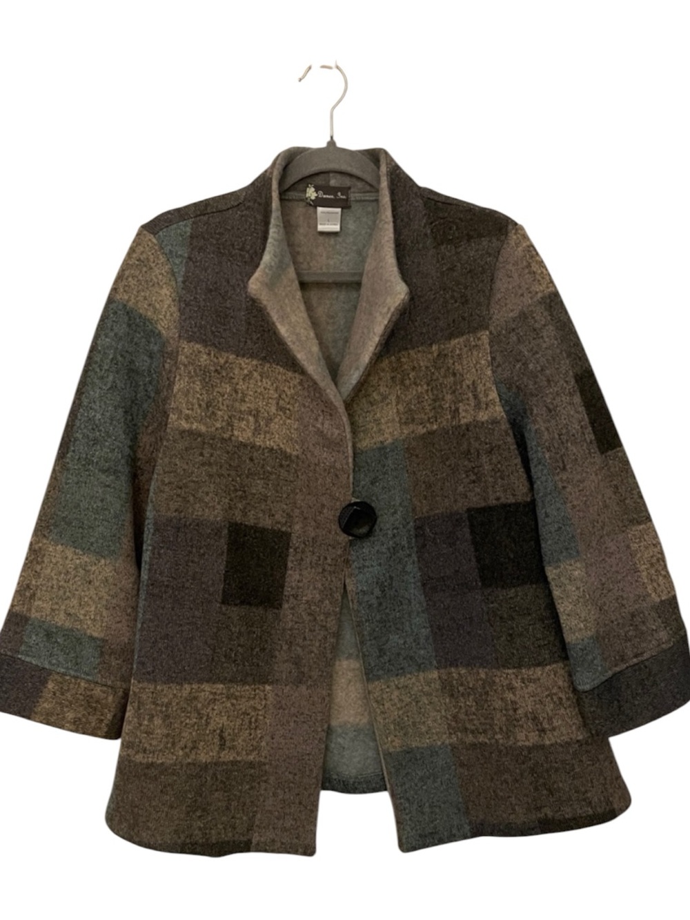 Damee, Inc. Teal, Gray, Beige, Black Block Plaid 1 Button Swing Jacket L